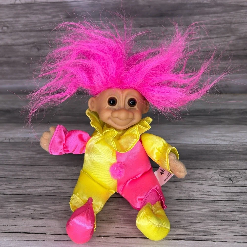 Russ Troll Jester Clown Doll Plush Pink Hair 90s Vintage‎ y2k Yellow